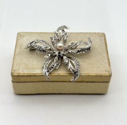 Vintage brosch äkta silver pärla markasiter