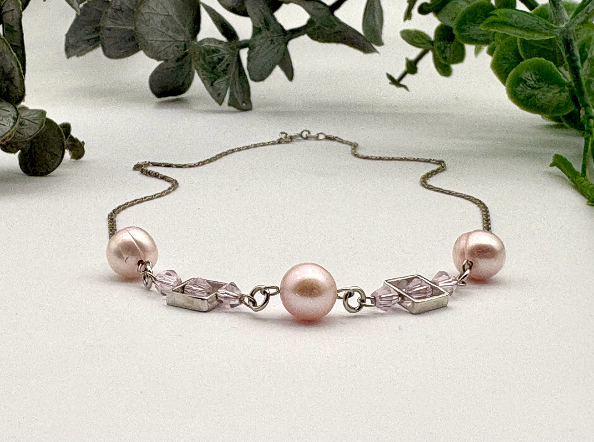 Second hand halsband äkta silver odlad pärla rosa sten