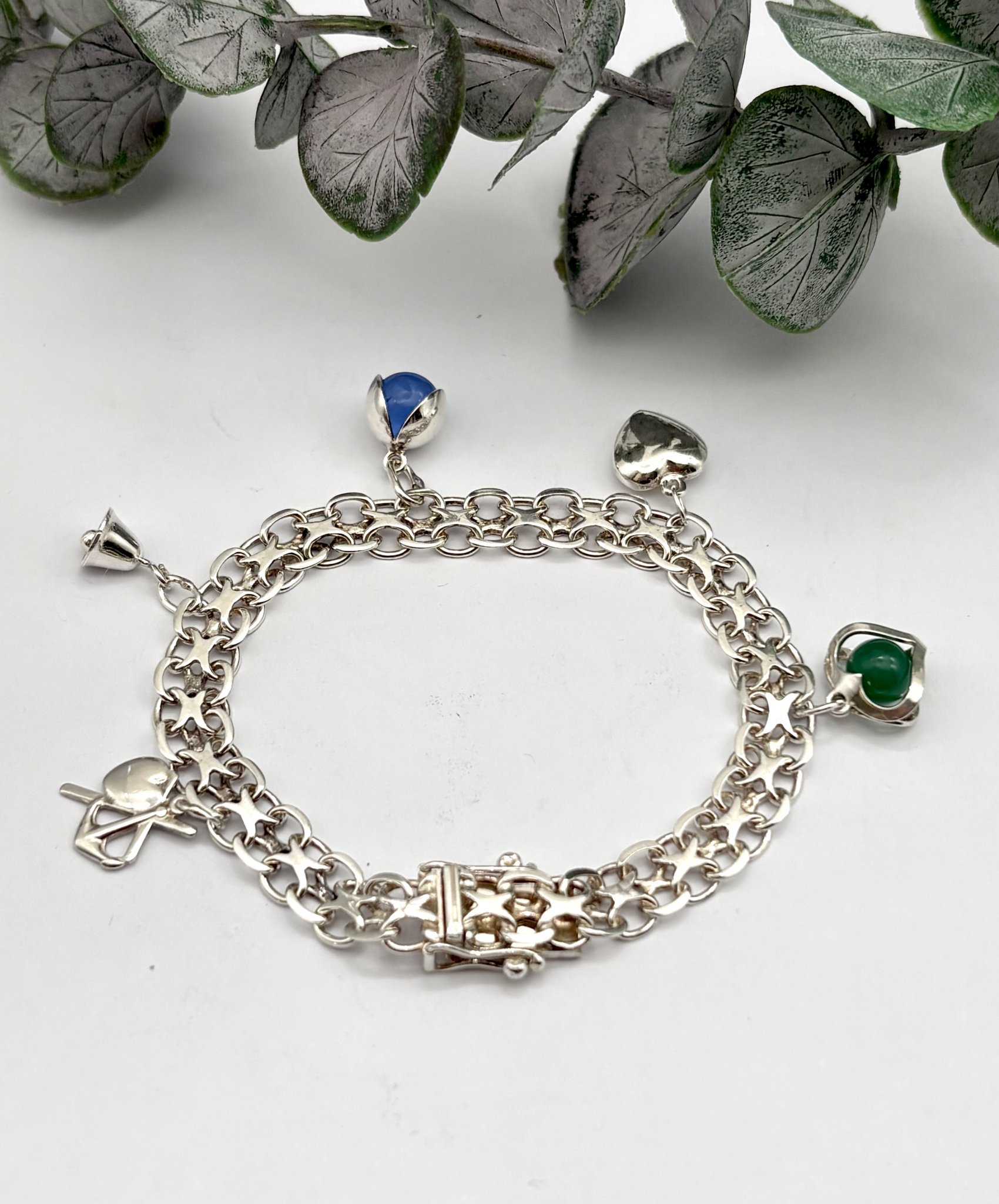 Vintage armband äkta silver X-länk berlocker